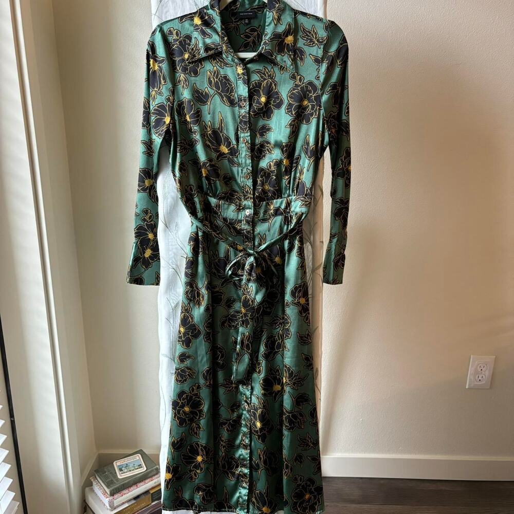 Who What Wear Green Dark Floral Button Up Long Sleeve Dress Causal Glam